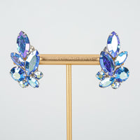 SHERMAN Silver Tone Blue Peacock AB Cluster Clipons Earrings