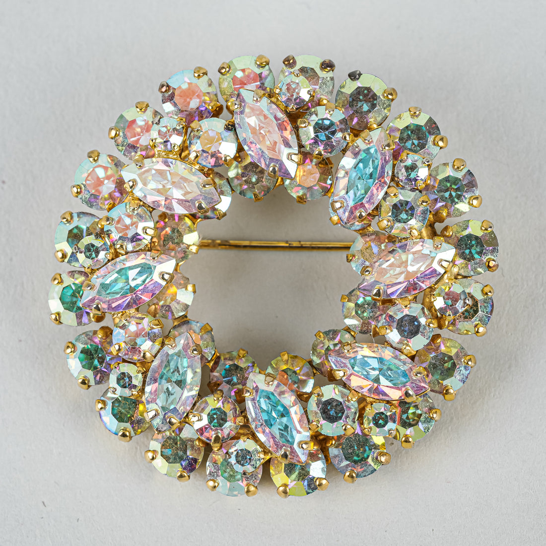 SHERMAN Gold Tone AB Wreath Brooch