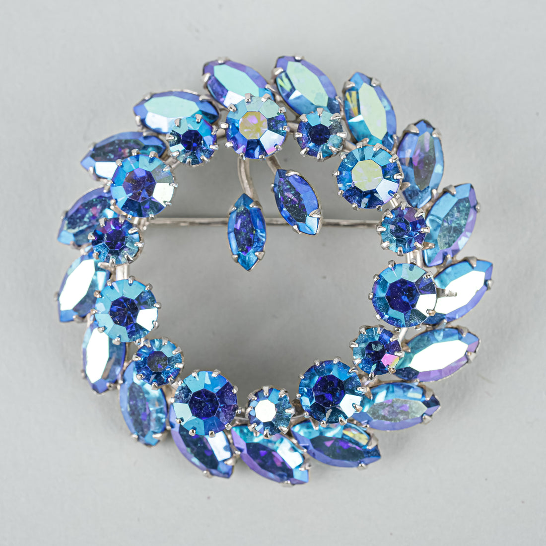 SHERMAN Silver Tone Blue Peacock AB Wreath Brooch