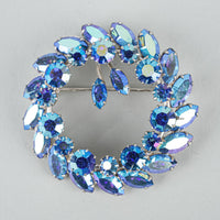SHERMAN Silver Tone Blue Peacock AB Wreath Brooch