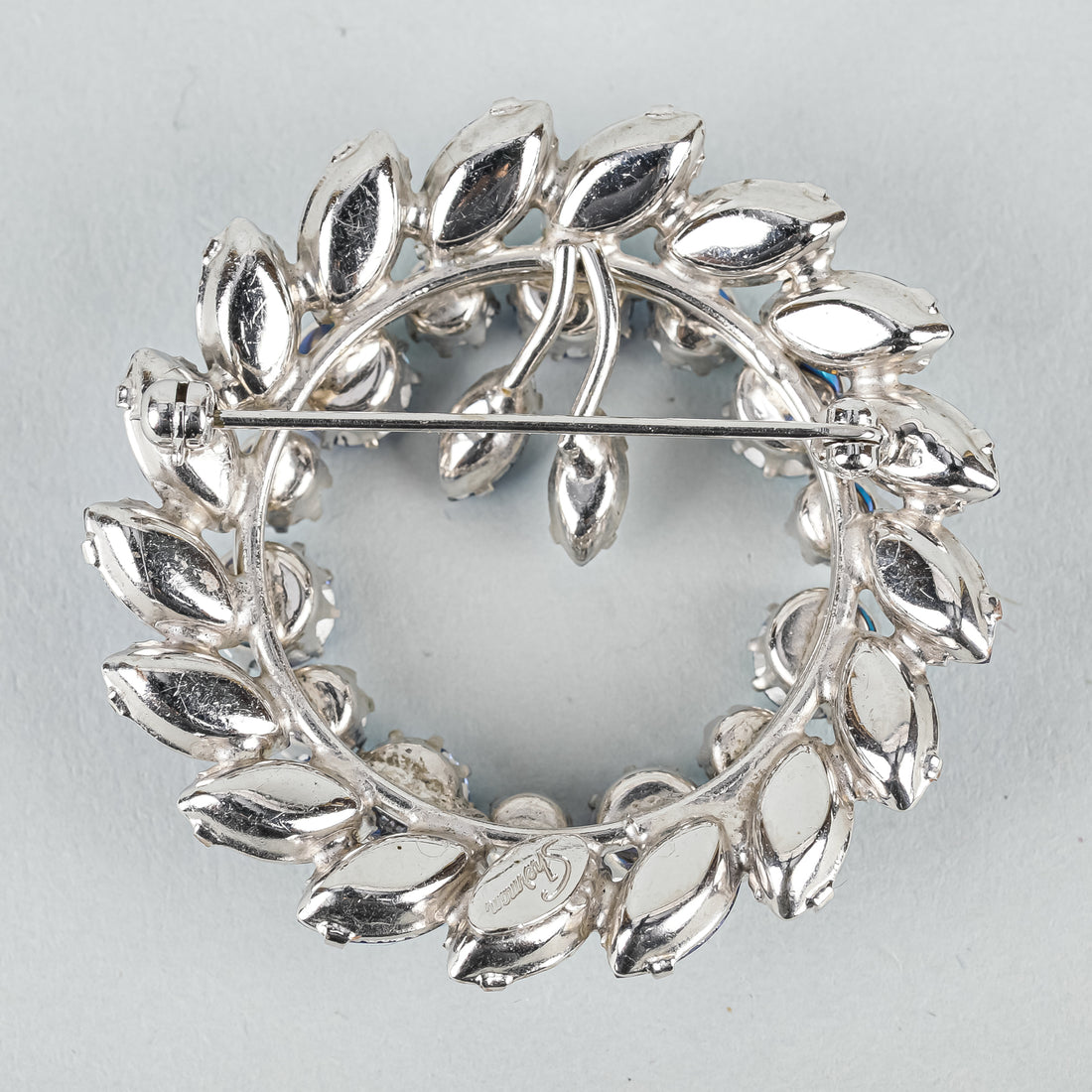 SHERMAN Silver Tone Blue Peacock AB Wreath Brooch