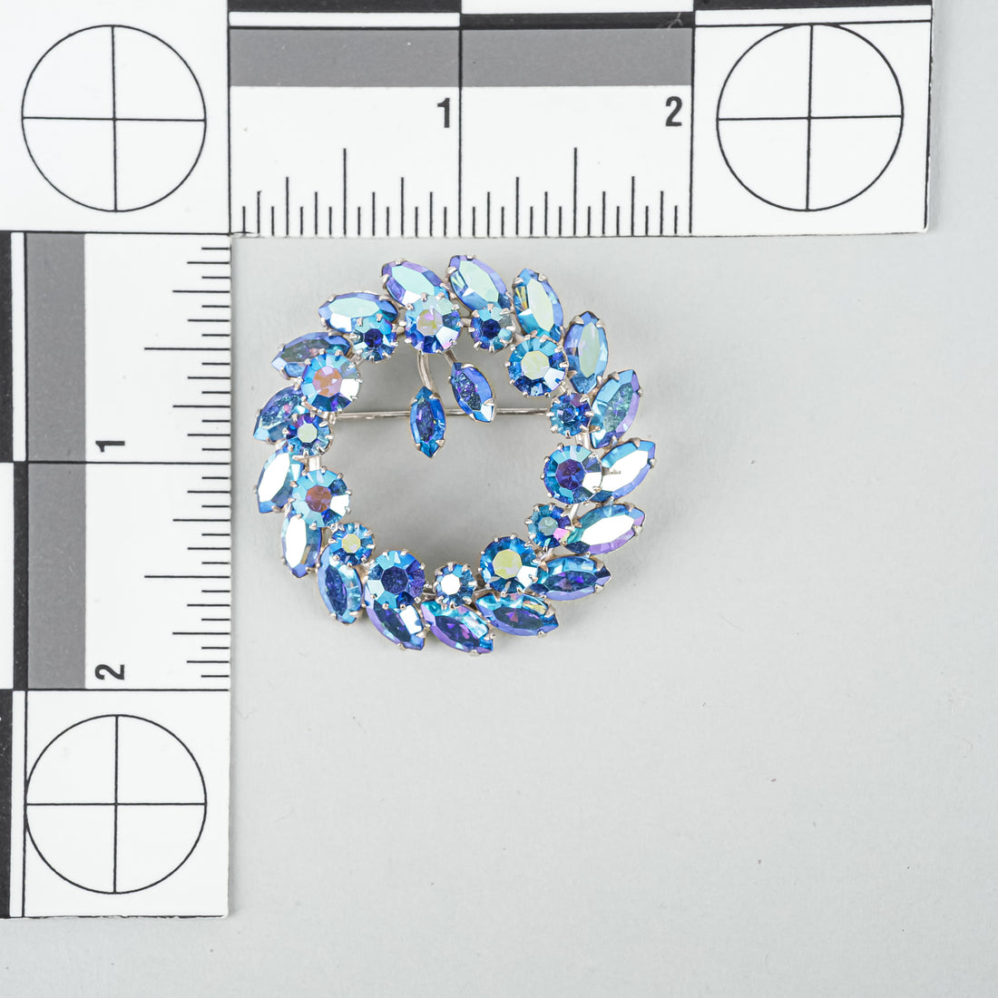 SHERMAN Silver Tone Blue Peacock AB Wreath Brooch
