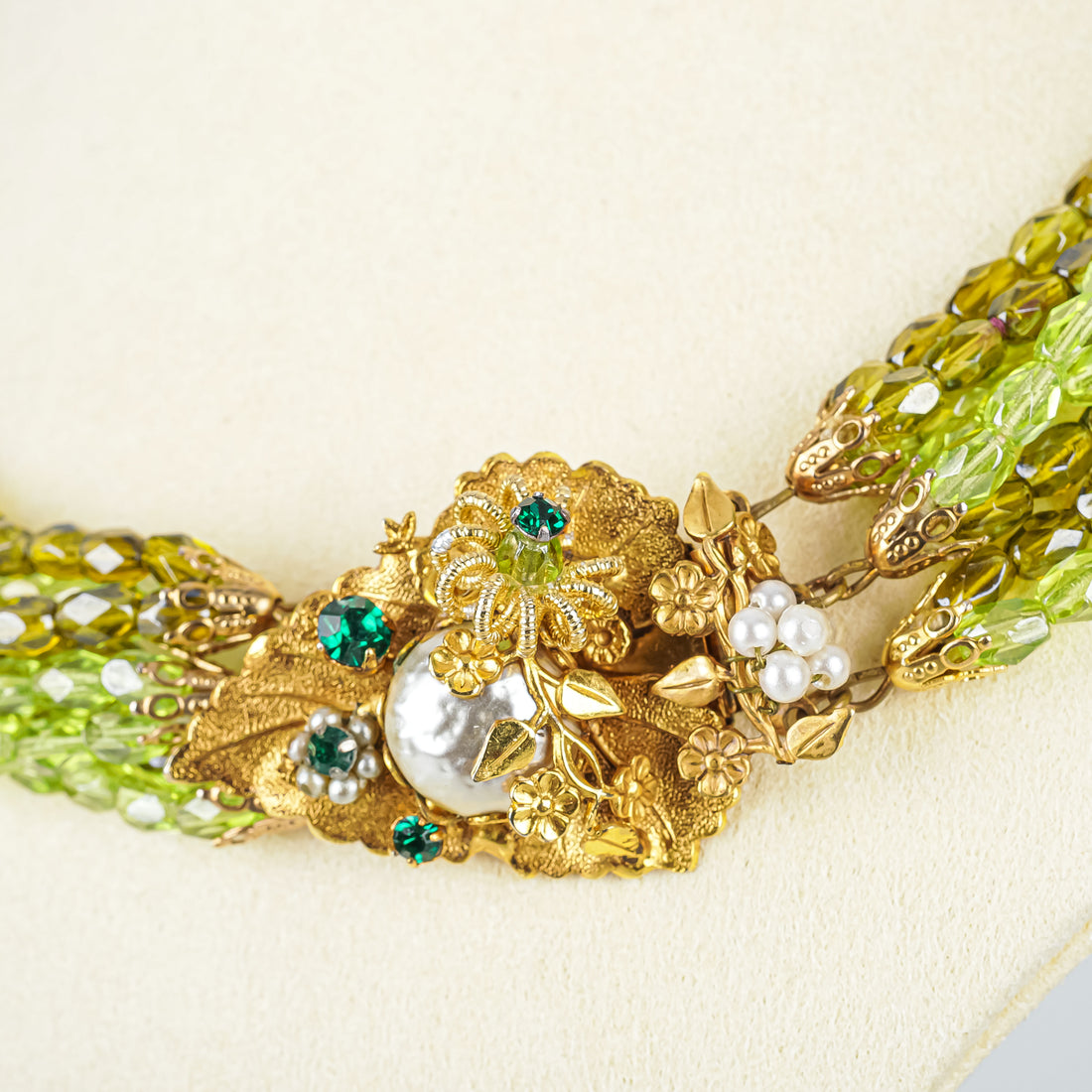 HATTI CARNEGIE Gold Tone Eight Strand Green Faceted Glass Necklace
