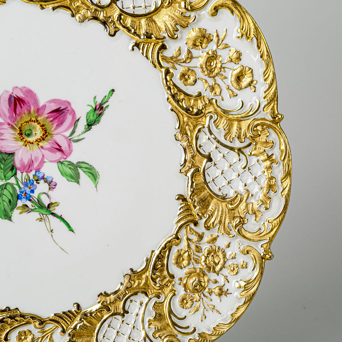 MEISSEN Gilt Embossed Hand Painted Floral Plate