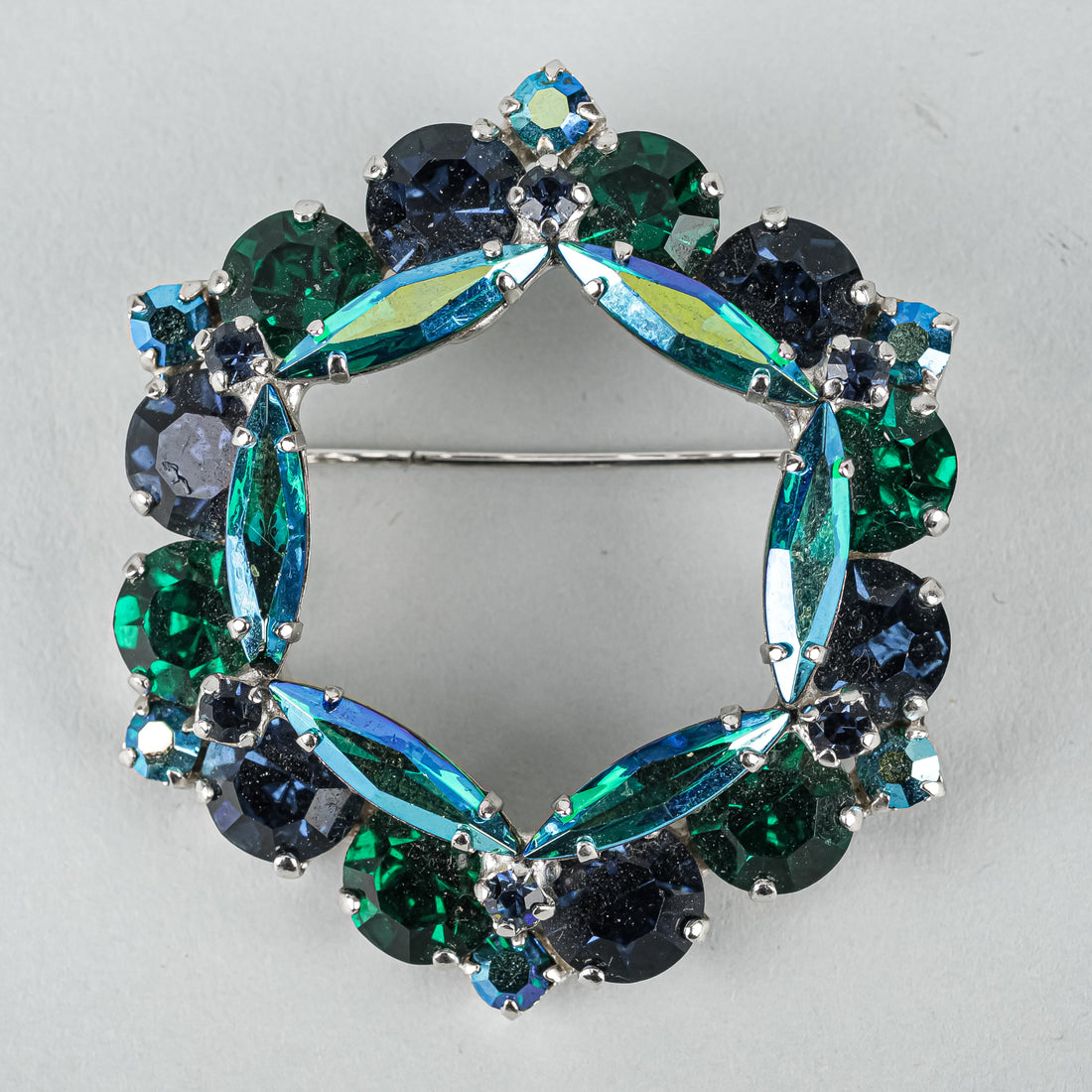 SHERMAN Silver-Tone AB Blue/Green Wreath Brooch