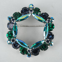 SHERMAN Silver-Tone AB Blue/Green Wreath Brooch