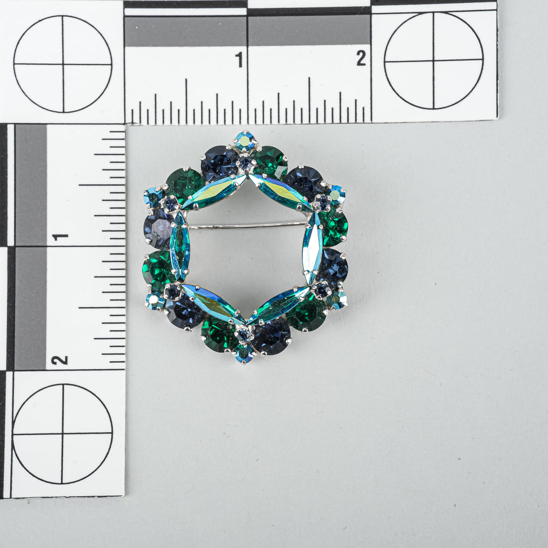 SHERMAN Silver-Tone AB Blue/Green Wreath Brooch