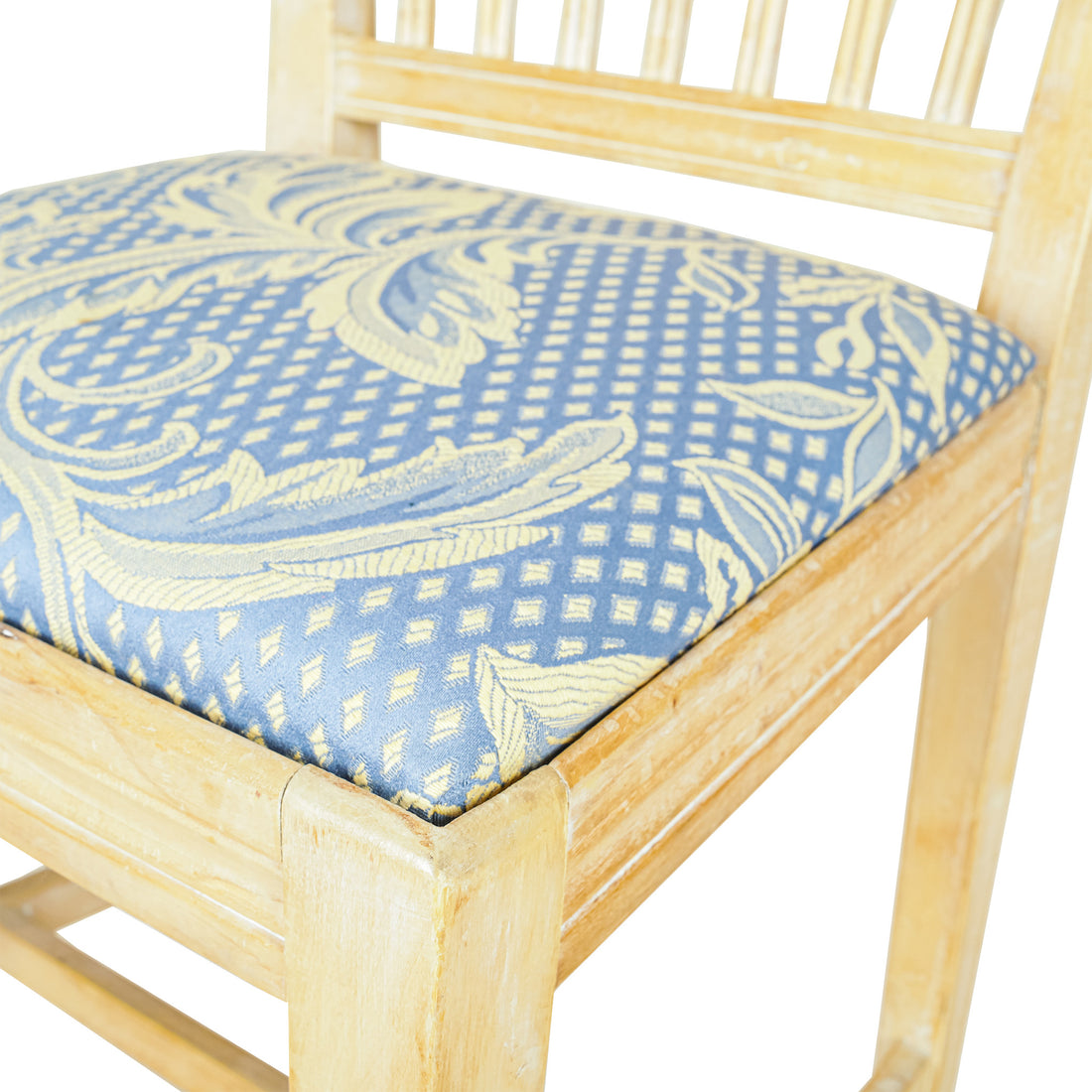 Vintage Spindle Back Chairs w/Blue & Yellow Upholstery Set of 4