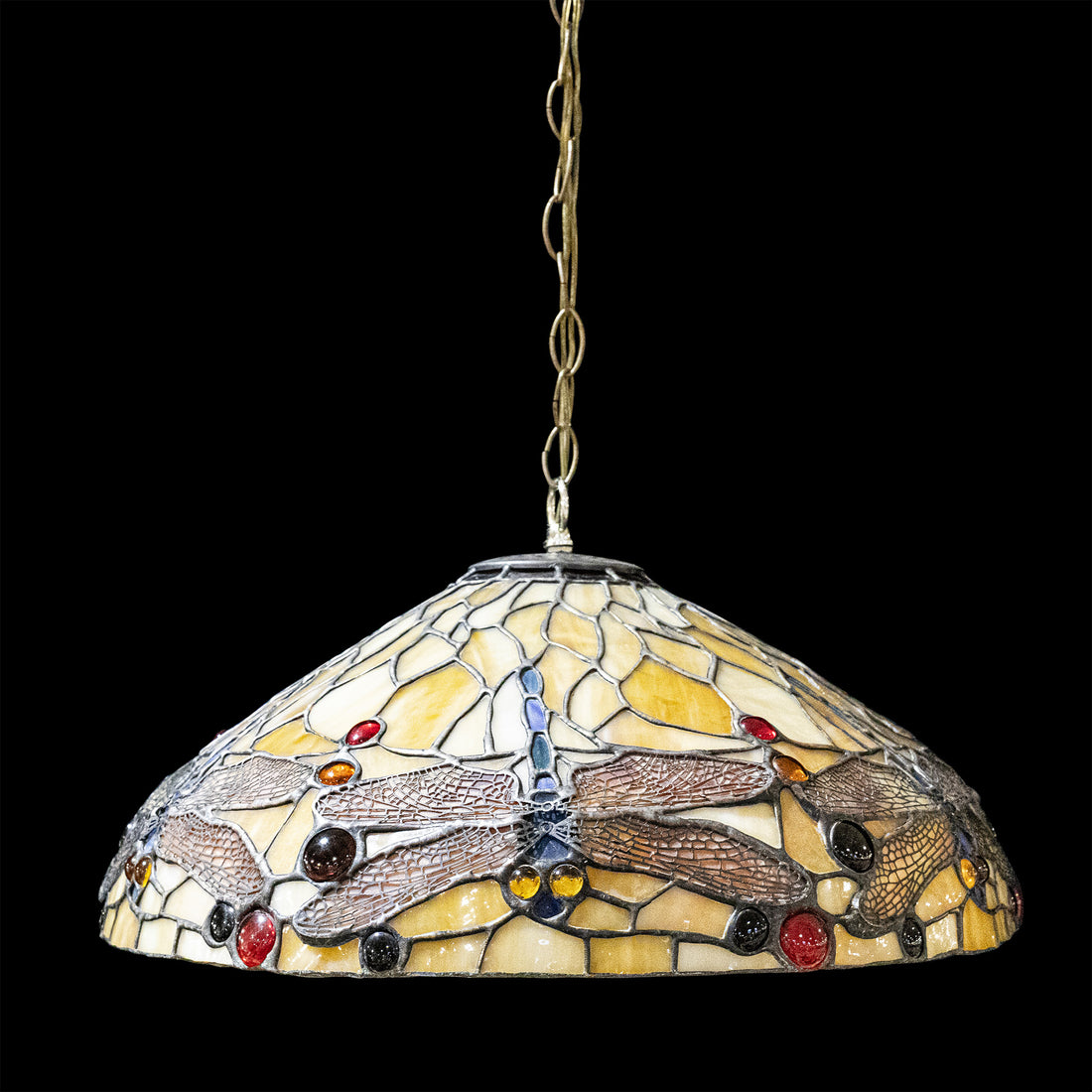 Faux Tiffany Stained Glass Three Light Suspension Fixture-Dragonflies