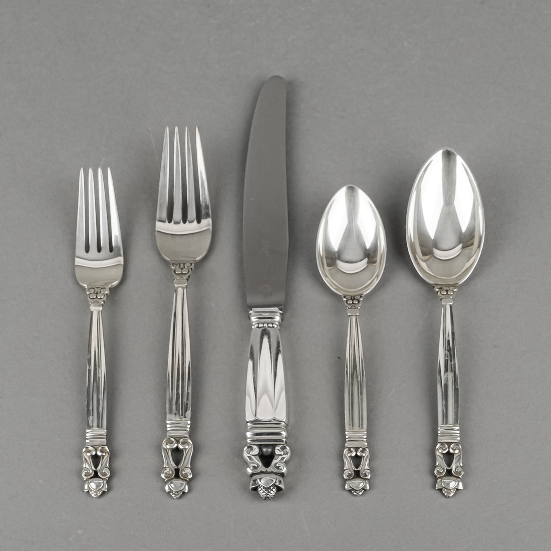 GEORG JENSEN Acorn Sterling Flatware 8 Place Settings Plus Extras