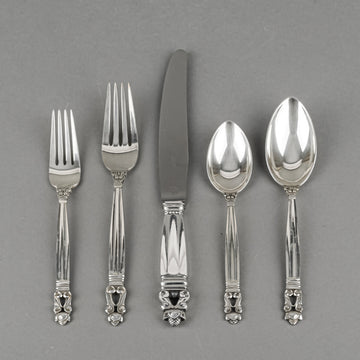 GEORG JENSEN Acorn Sterling Flatware 8 Place Settings Plus Extras