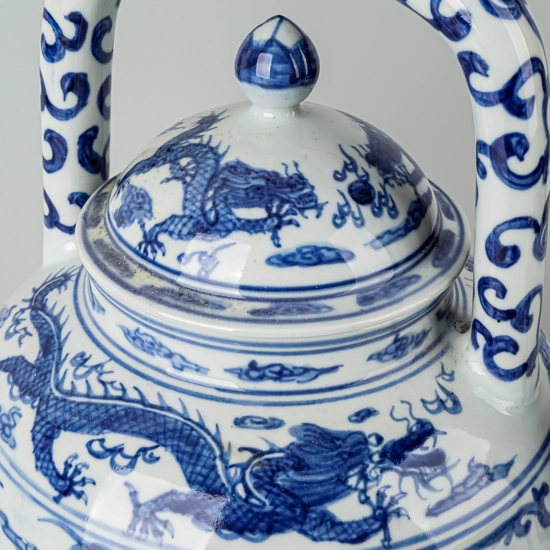 Chinese Large Blue And White Dragon Teapot