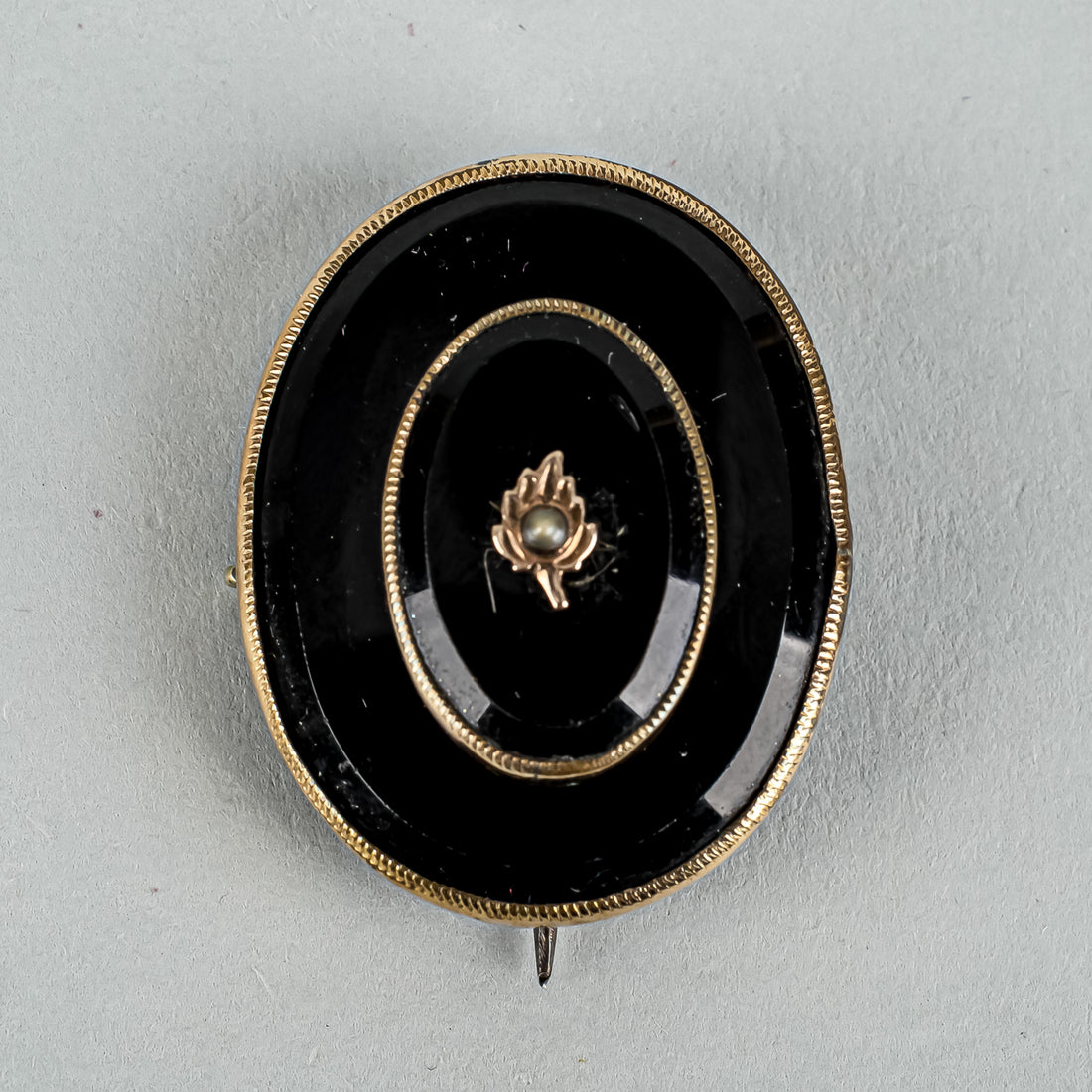 Gold Tone French Jet Seed Pearl Mouring Brooch