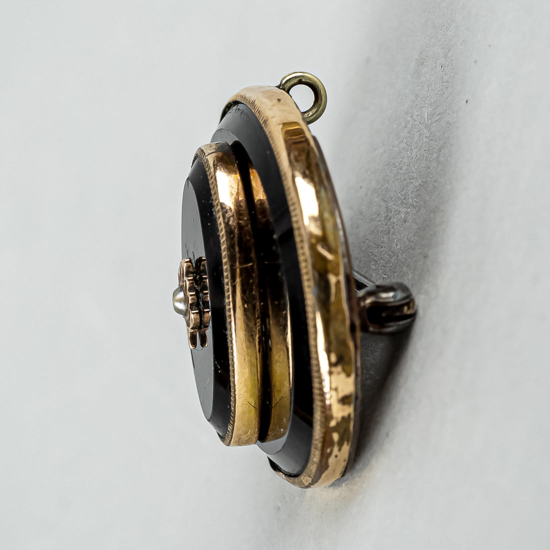 Gold Tone French Jet Seed Pearl Mouring Brooch