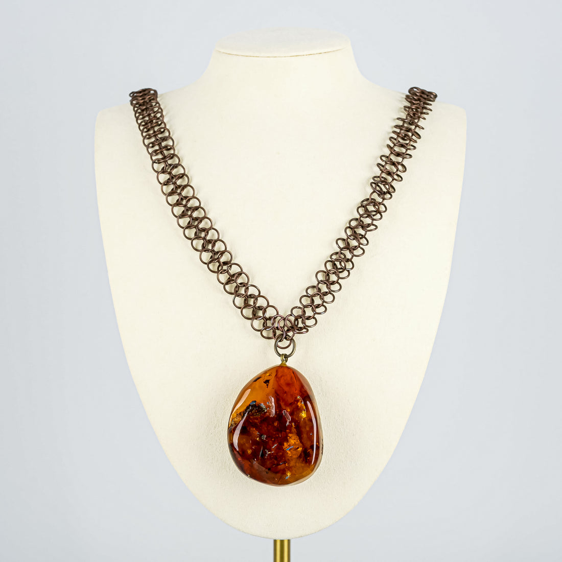 Vintage Copper Chain Mail Link Amber Pendant  Necklace