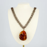 Vintage Copper Chain Mail Link Amber Pendant  Necklace