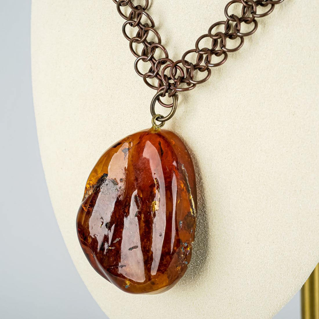 Vintage Copper Chain Mail Link Amber Pendant  Necklace
