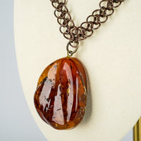Vintage Copper Chain Mail Link Amber Pendant  Necklace
