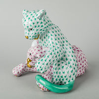 HEREND Figurine Lion Cubs 15358 Fishnet Green And Pink