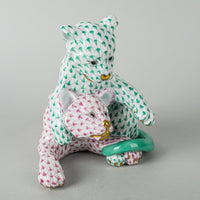 HEREND Figurine Lion Cubs 15358 Fishnet Green And Pink