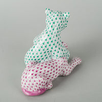 HEREND Figurine Lion Cubs 15358 Fishnet Green And Pink