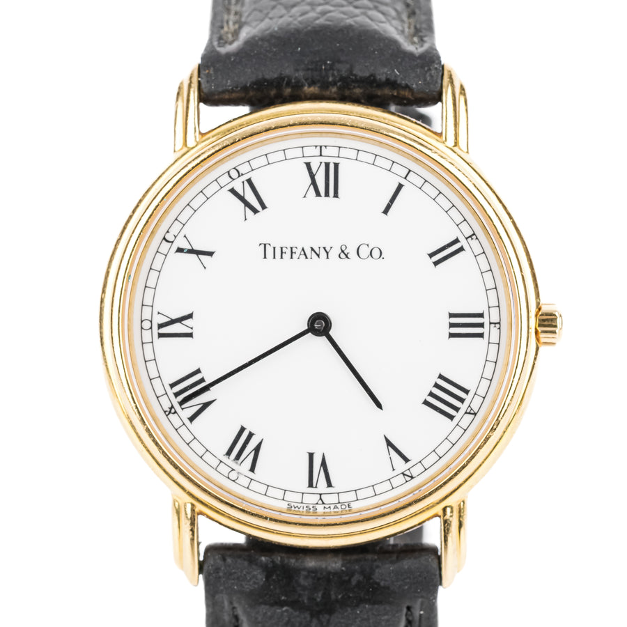 TIFFANY & CO 18K Yellow Gold Round Watch 33mm - Black Leather Strap