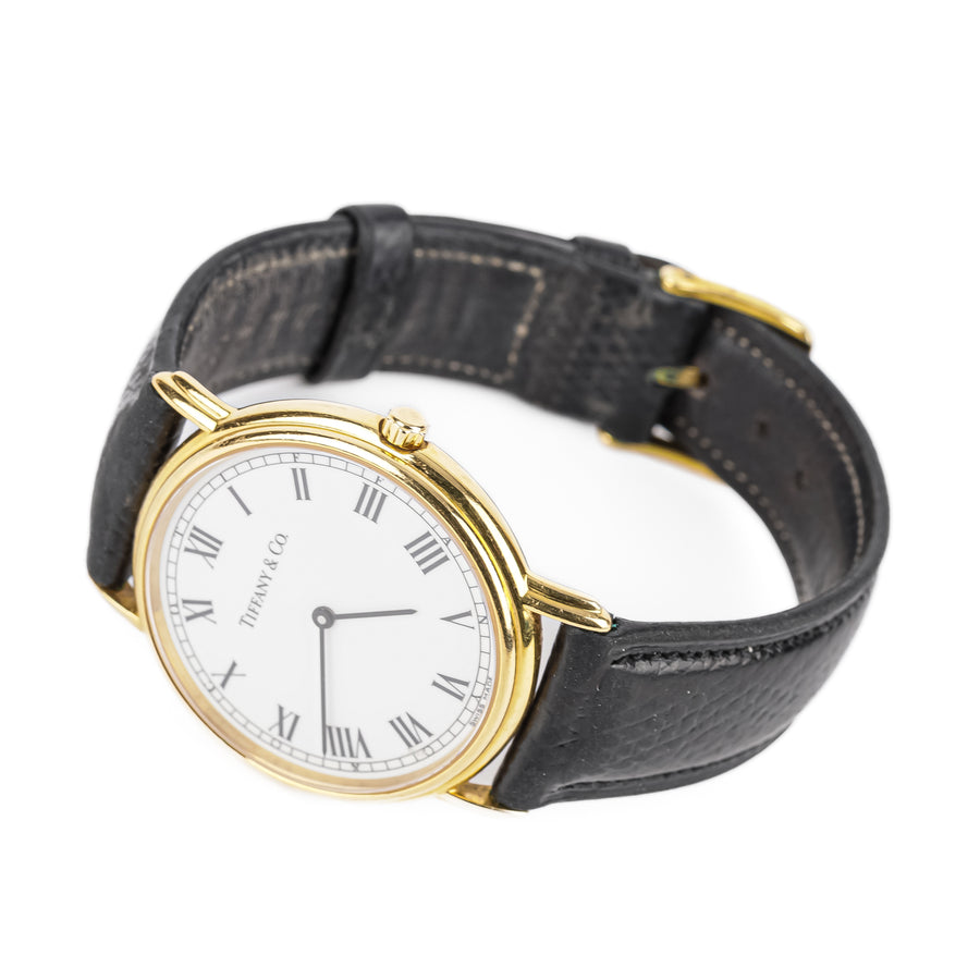 TIFFANY & CO 18K Yellow Gold Round Watch 33mm - Black Leather Strap
