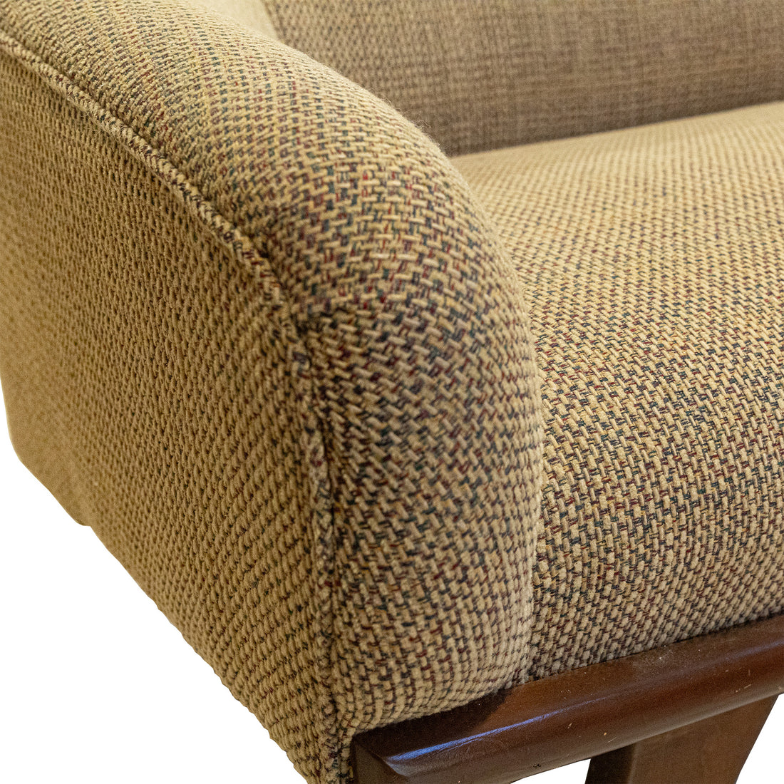 Vintage Wooden Framed Armchair With Taupe Upholstery