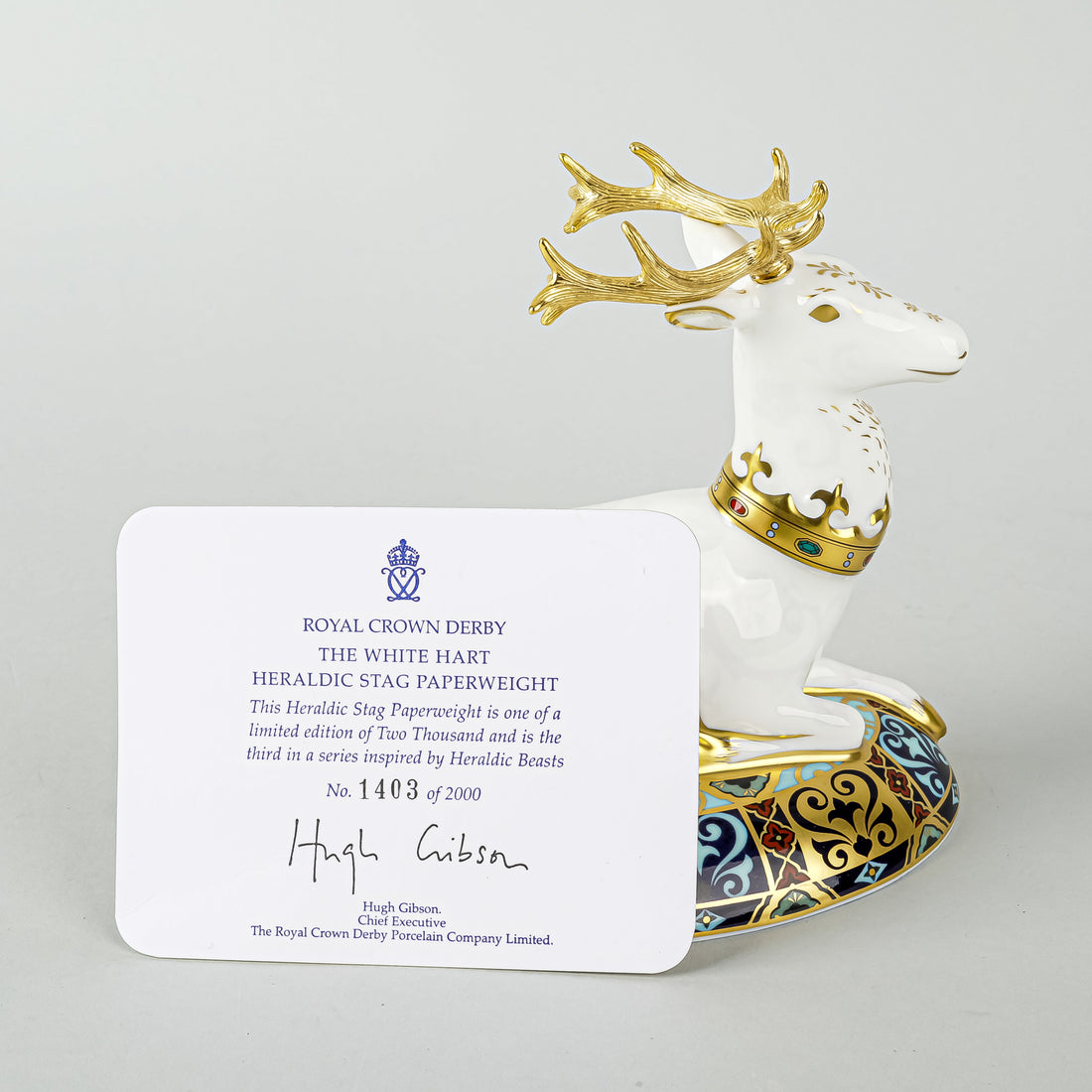ROYAL CROWN DERBY Paperweight White Hart Heraldic Stag
