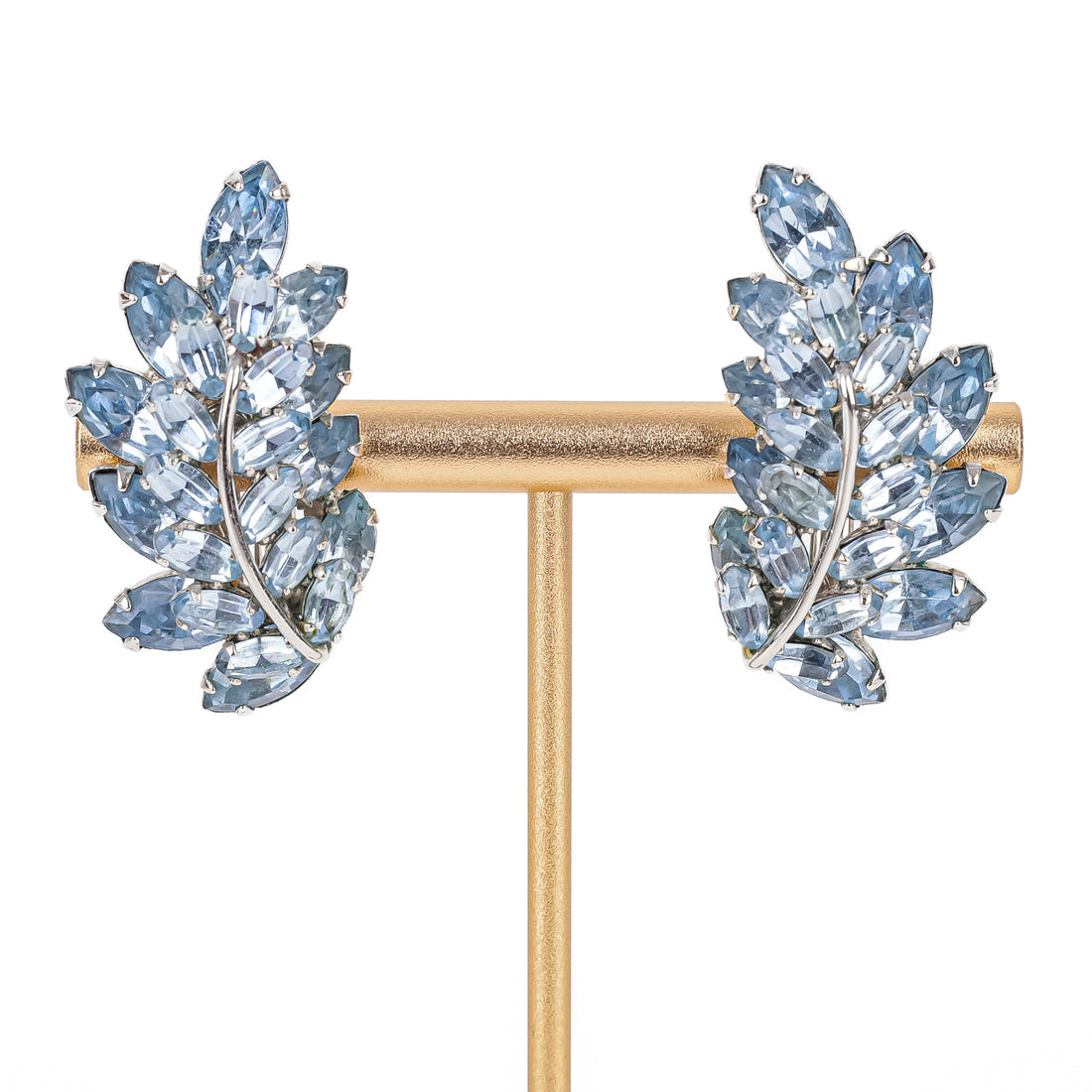 SHERMAN Brooch And Clips Set - Blue Marquise Rhinestone Leaf