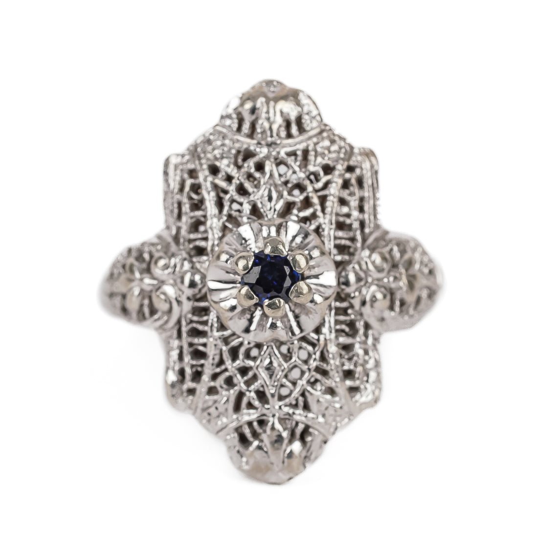 Art Deco 14K White Gold Filigree Blue Spinel Ring