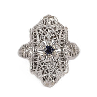 Art Deco 14K White Gold Filigree Blue Spinel Ring