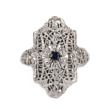 Art Deco 14K White Gold Filigree Blue Spinel Ring