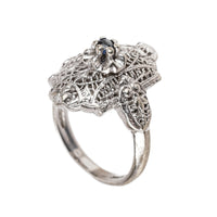 Art Deco 14K White Gold Filigree Blue Spinel Ring