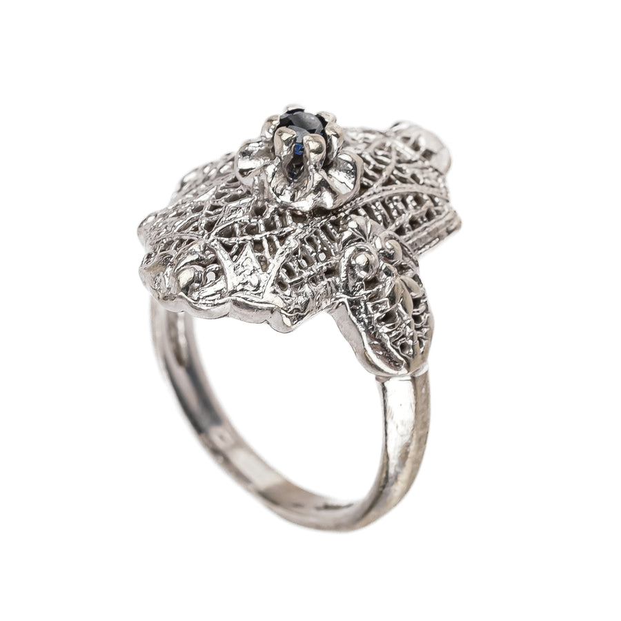 Art Deco 14K White Gold Filigree Blue Spinel Ring