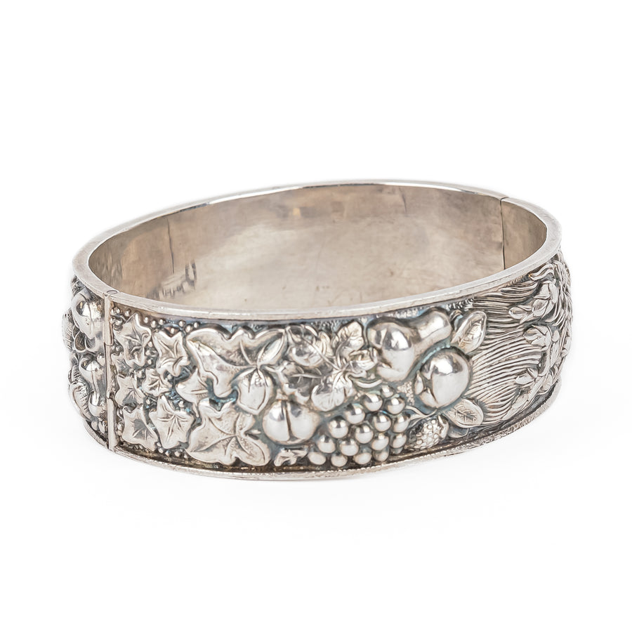 835 Silver Repousse  Hinged Bangle - Fruits & Foliage