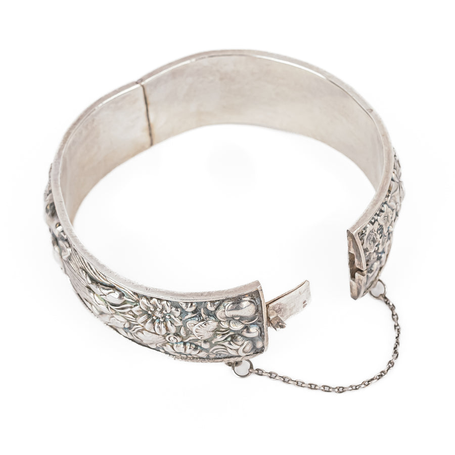 835 Silver Repousse  Hinged Bangle - Fruits & Foliage