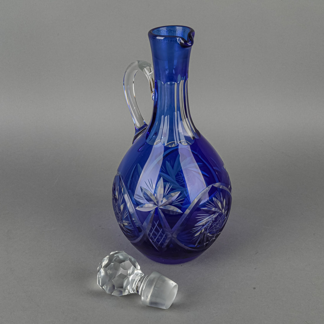 Crystal Cobalt Cased Cut To Clear Claret Jug And Stopper