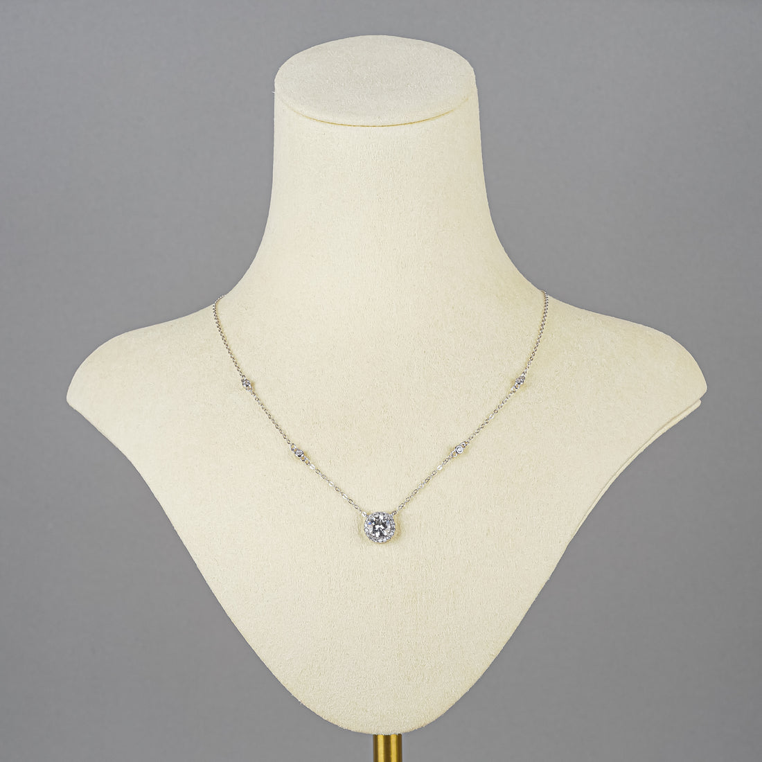 Rhodium Plated Sterling Silver Moissanite Station Chain And Pendant Necklace