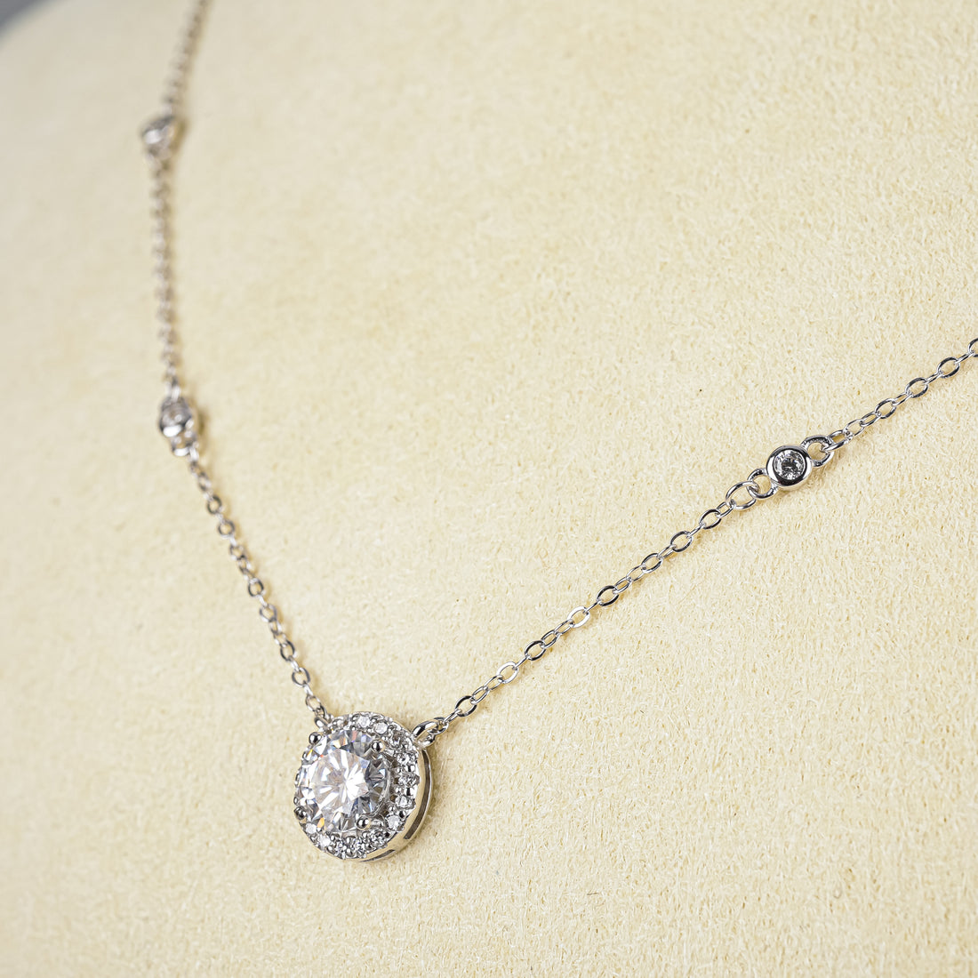 Rhodium Plated Sterling Silver Moissanite Station Chain And Pendant Necklace