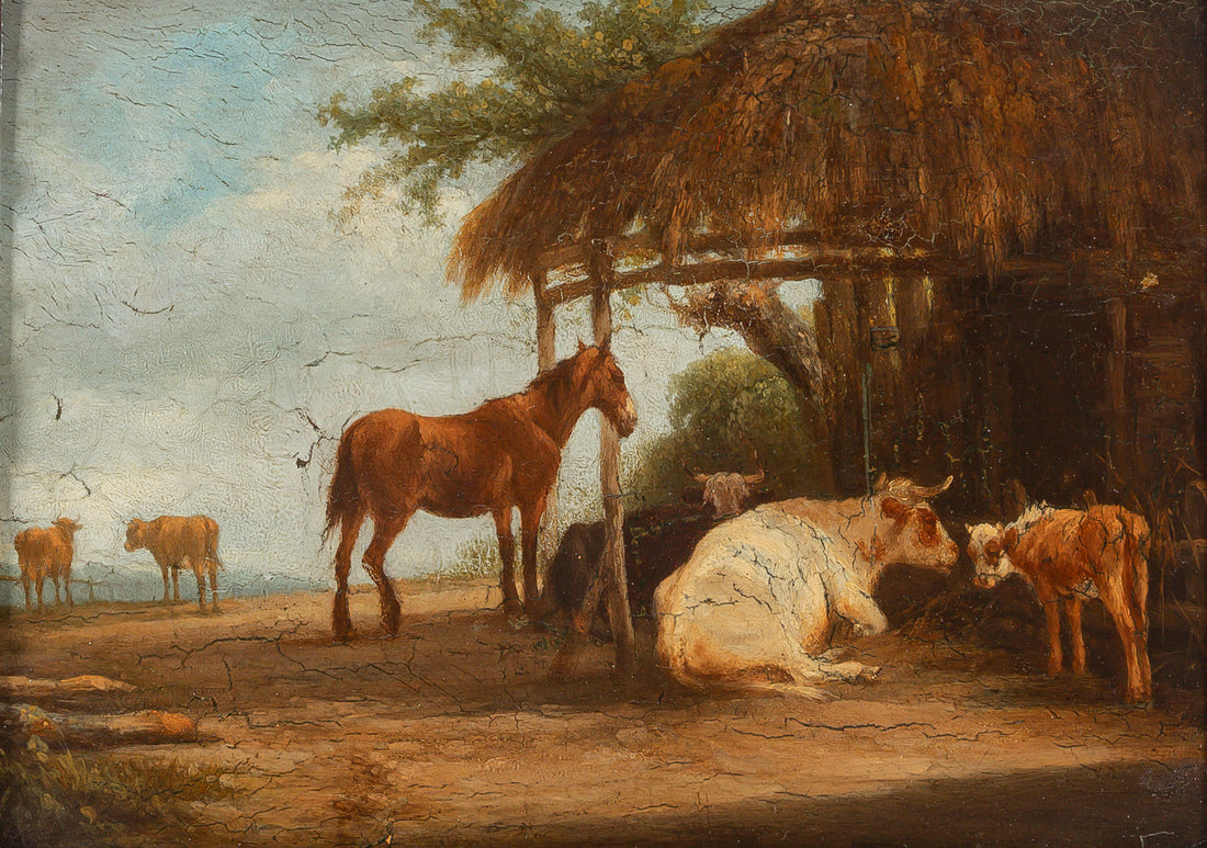 Unknown Artist - Antique Style Oil On Board Decor Painting - Cows And Horses