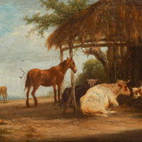 Unknown Artist - Antique Style Oil On Board Decor Painting - Cows And Horses