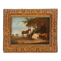 Unknown Artist - Antique Style Oil On Board Decor Painting - Cows And Horses