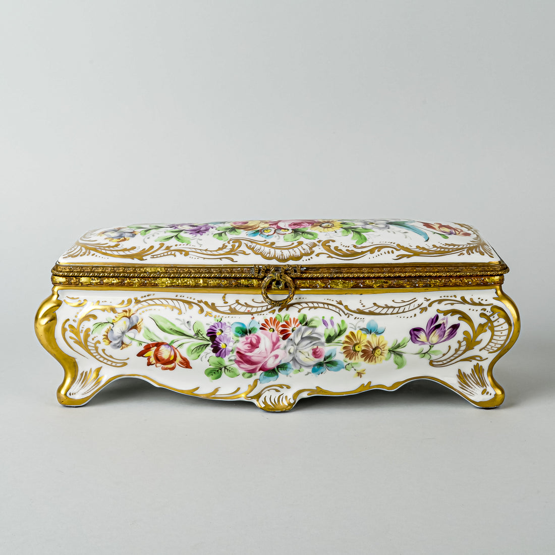 Vintage French Hand Painted Porcelain Casket With Brass Mounts