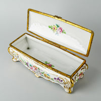 Vintage French Hand Painted Porcelain Casket With Brass Mounts