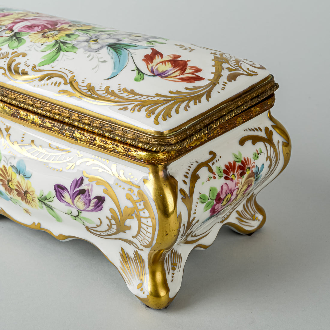 Vintage French Hand Painted Porcelain Casket With Brass Mounts