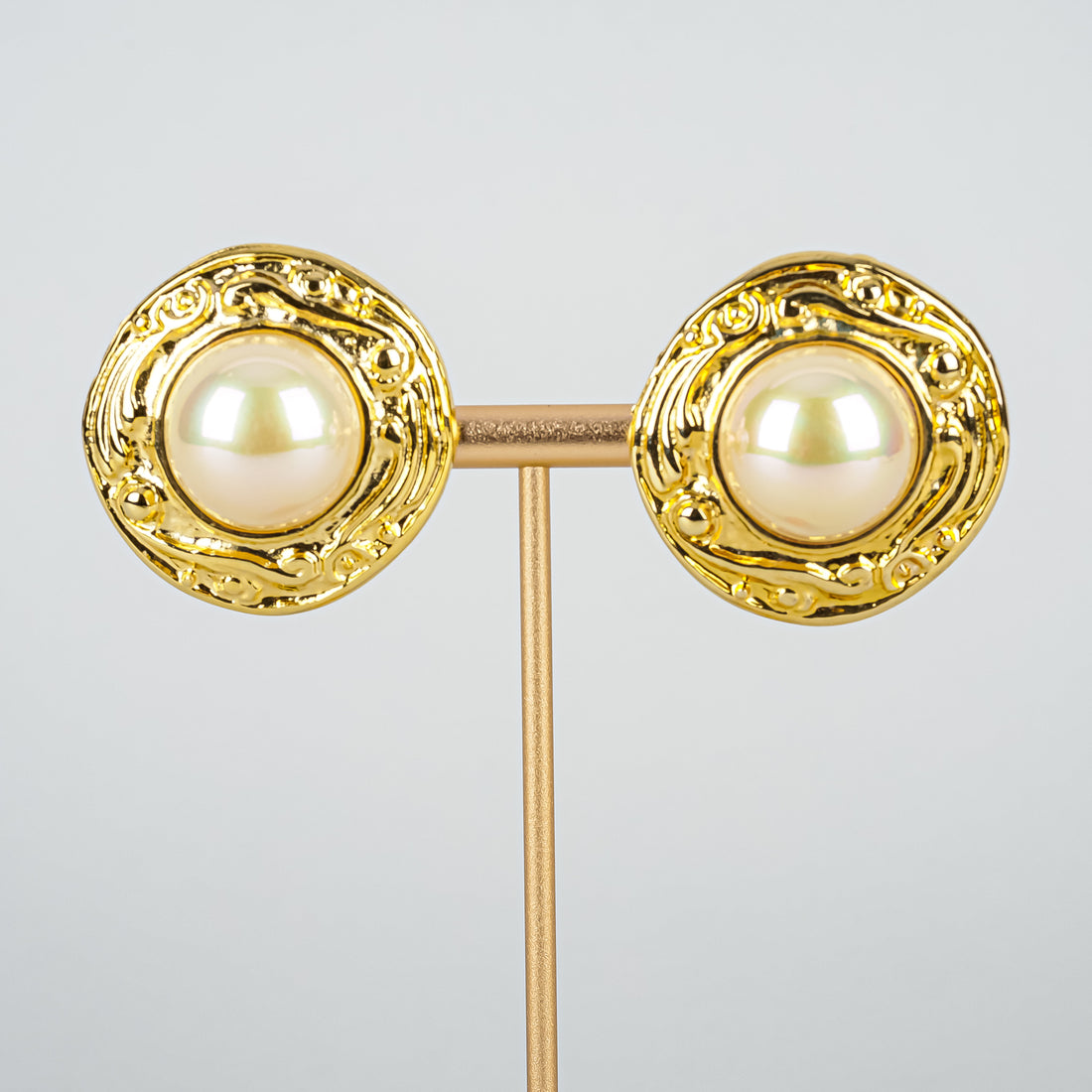 CHANEL Gold Tone Faux Pearl Button Clip-On Earrings