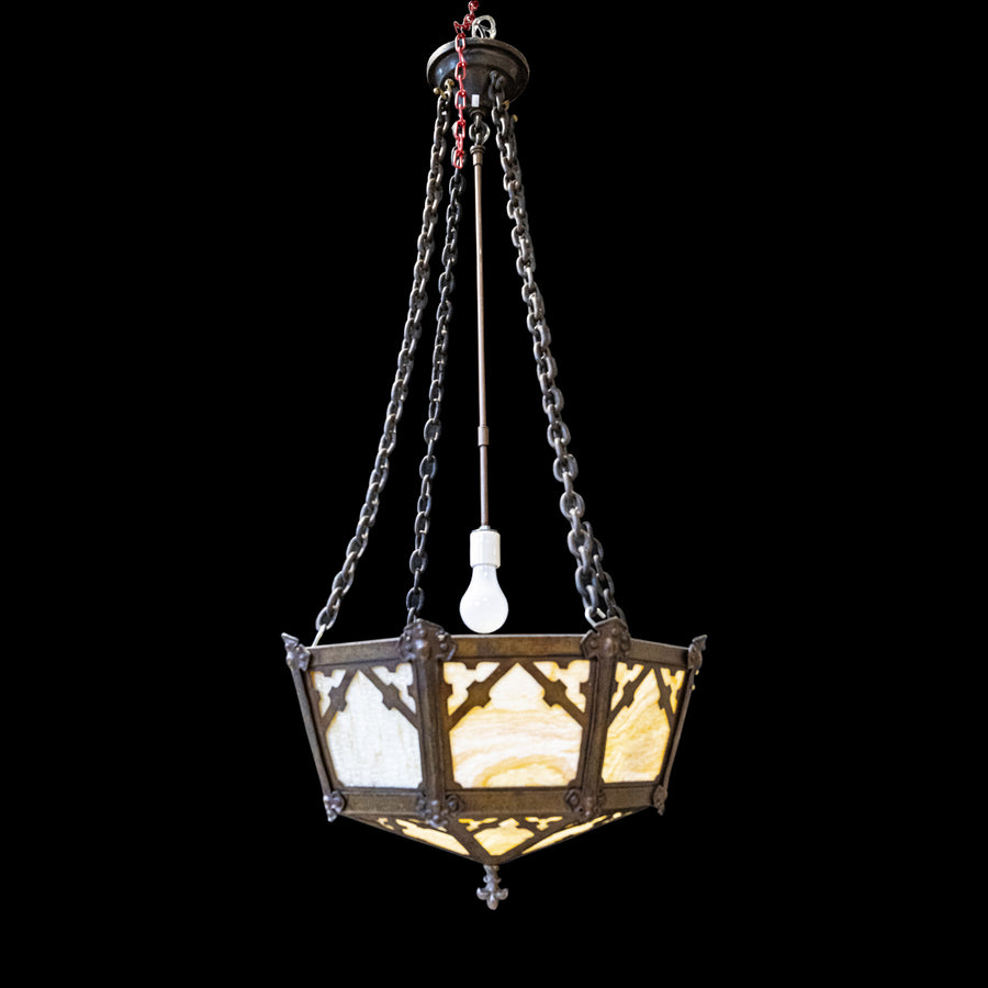Arts And Crafts Pendant Fixture With Brass And Slag Glass Shade
