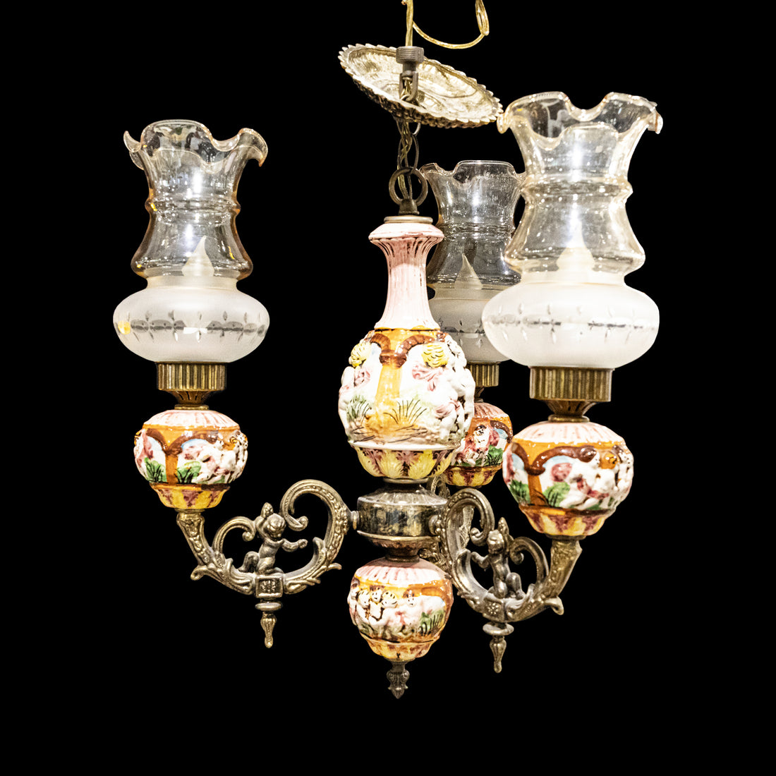 Brass & Ceramic Three Light Fixture with Hurricane Shades