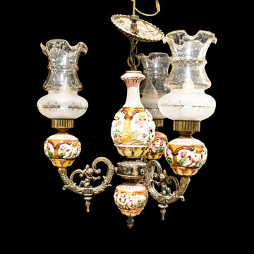 Brass & Ceramic Three Light Fixture with Hurricane Shades